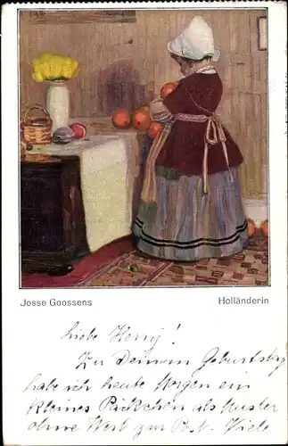 Künstler Ak Goossens, J., Holländerin, Mädchen in niederländischer Tracht, Früchte