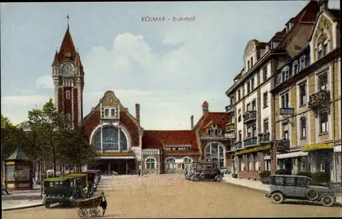 Ak Colmar Kolmar Elsass Haut Rhin, Bahnhof, Straßenansicht