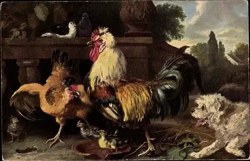 Künstler Ak Rassehahn, Huhn, Küken, Hund, Bauernhofszene