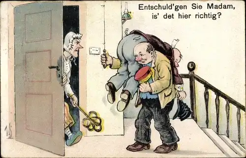 Künstler Ak Scheuermann, Willi, Portier bringt betrunkenen Mann nach Hause, Frau mit Teppichklopfer