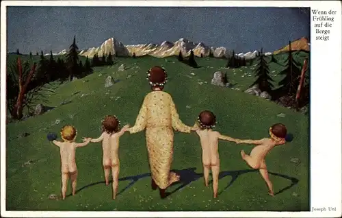 Künstler Ak Uhl, Joseph, Wenn der Frühling auf die Berge steigt, Kinder, Frau