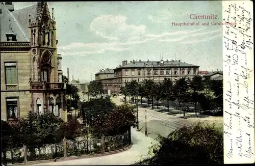 Ak Chemnitz, Hauptbahnhof und Carola Hotel, Gleise