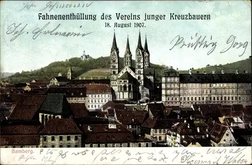 Ak Bamberg in Oberfranken, Blick auf die Stadt, Fahnenenthüllung des Vereins junger Kreuzbauern 1907