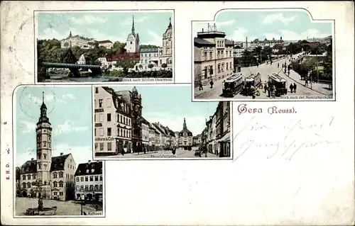Ak Gera in Thüringen, Schloss Osterstein, Heinrichsbrücke, Straßenbahnen, Rathaus