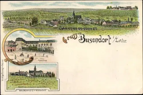 Litho Bouzonville Busendorf Lothringen Moselle, Pensionat, Kloster, Kirche, Nied Brücke