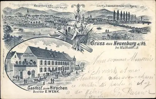 Litho Neuenburg am Rhein Baden, Stadtansicht, Gasthof zum Hirschen