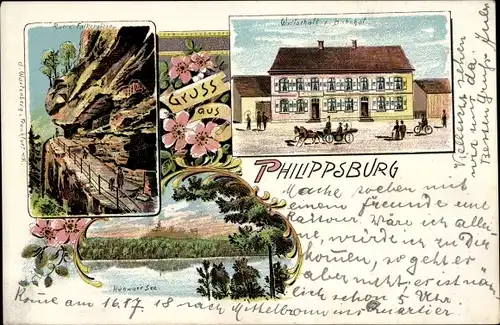 Litho Philippsburg in Baden, Ruine Falkenstein, Hanauer See, Wirtschaft zum Bahnhof