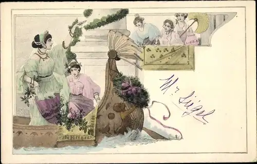 Litho Noble Frau in einer Gondel, Abschied, Früchte, Blumen