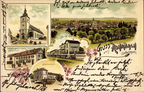 Litho Rohrbach lès Bitche Lothringen Moselle, Kirche, Mädchenschule, Bahnhof, Hotel