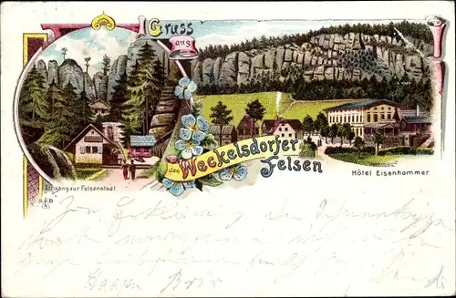 Litho Weckelsdorf Wekelsdorf Region Königgrätz, Weckelsdorfer Felsen, Hotel Eisenhammer
