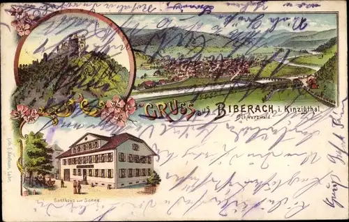 Litho Biberach im Schwarzwald Baden, Totalansicht, Gasthaus zur Sonne, Ruine Hohengeroldseck