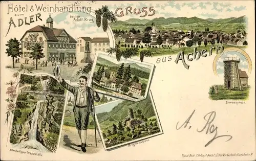 Litho Achern in Baden Schwarzwald, Allerheiligen-Wasserfälle, Brigittenschloss, Hotel zum Adler
