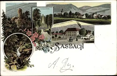 Litho Sasbach im Ortenaukreis, Totalansicht, Brigittenschloss, Turenne Denkmal, Gasthof zur Linde