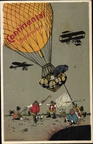 Ak Continental Ballonstoff, Ballonflug, Zivilflugzeuge, Anker, Mann schießt auf Passagiere