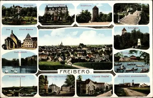 Ak Freiberg in Sachsen, Dom, Schlossplatz, Johannis Hospital, Donatsturm, Panorama, Halsbrücker Esse