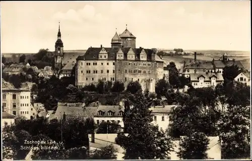 Ak Zschopau im Erzgebirge Sachsen, Schloss Wildeck, Gesamtansicht, Wohnhäuser, Kirche