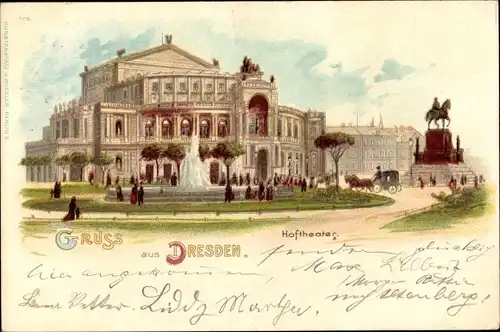 Litho Dresden Altstadt, Hoftheater, Fontäne, Denkmal