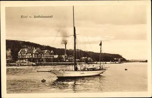 Ak Kiel Schleswig Holstein, Seebadeanstalt, Schiff, Blick vom Wasser aus