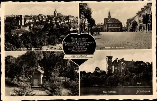 Ak Ronneburg in Thüringen, Markt mit Rathaus, Blick auf die Stadt mit Schloss, Brunnenhaus Urquelle