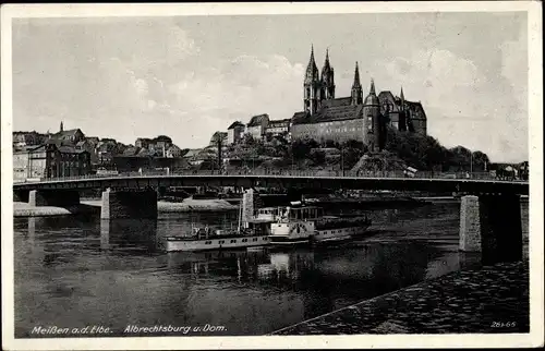 Ak Meißen an der Elbe, Albrechtsburg und Dom, Brücke, Schiff