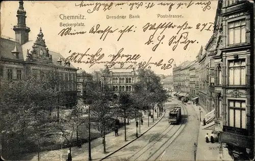 Ak Chemnitz in Sachsen, Beckerplatz, Dresdner Bank, Poststraße, Straßenbahn