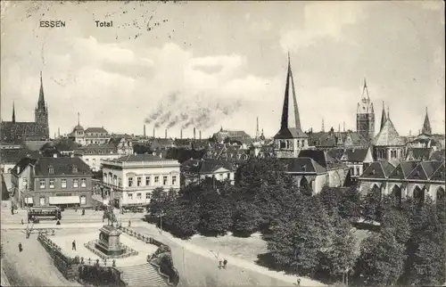 Ak Essen im Ruhrgebiet, Totalansicht, Denkmal, Straßenbahn