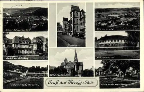 Ak Merzig an der Saar, Stadthaus, Kreissparkasse, Schloss von Fellenberg, Schwimmbad Heilborn
