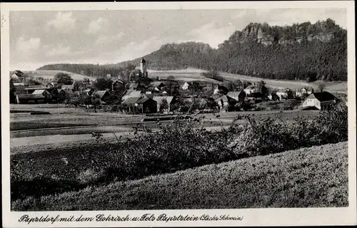 Ak Papstdorf Gohrisch in Sachsen, Panorama mit dem Gohrisch und Fels Papststein