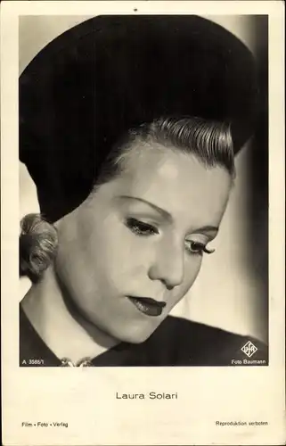 Ak Schauspielerin Laura Solari, Portrait, Hut, Ufa Film