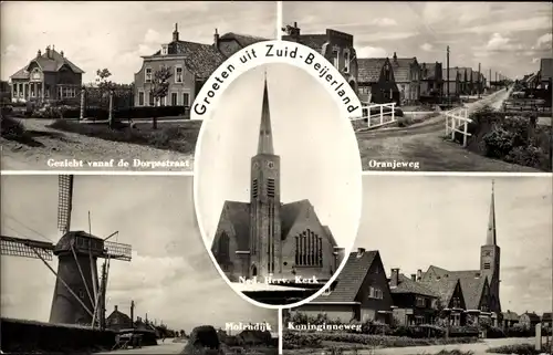 Ak Zuid Beijerland Südholland, Ned. Herv. Kerk, Dorpstraat, Oranjeweg, Molendijk, Koninginneweg