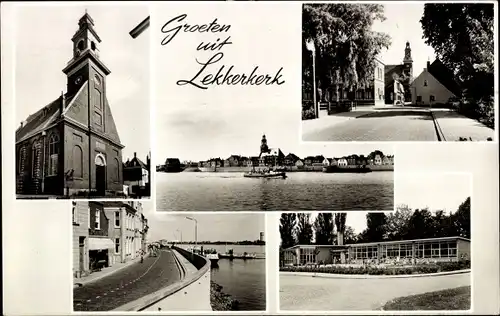 Ak Lekkerkerk Südholland, Kirche, Straße, Gebäude, Uferstraße