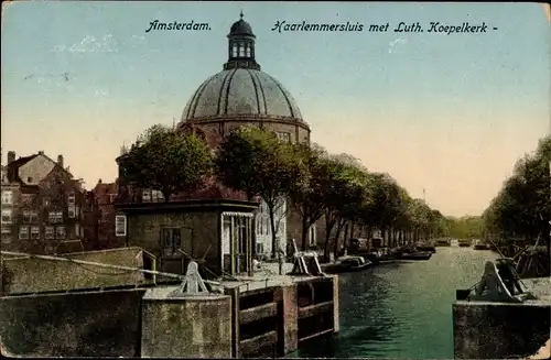 Ak Amsterdam Nordholland Niederlande, Haarlemmersluis met Luth. Koepelkerk