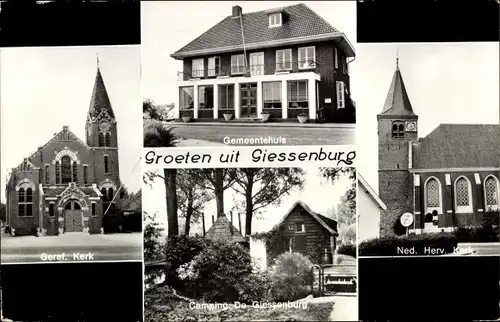 Ak Giessenburg Südholland, Gemeentehuis, Geref. Kerk. Camping De Giessenburg