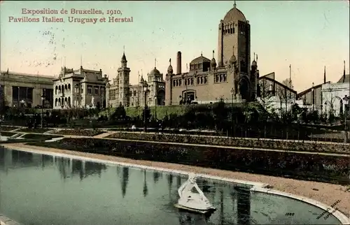 Ak Bruxelles Brüssel, Exposition 1910, Pavillons Italien, Uruguay, Herstal