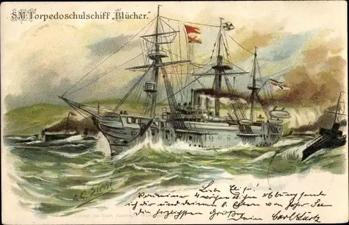 Künstler Litho Siehl, Deutsches Kriegsschiff, SMS Blücher, Torpedoschulschiff, Kaiserliche Marine