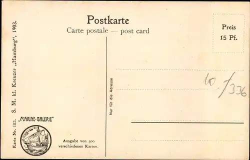 Künstler Ak Rave, Chr., Marine Galerie 182, Deutsches Kriegsschiff SMS Hamburg, kl. Kreuzer, 1903
