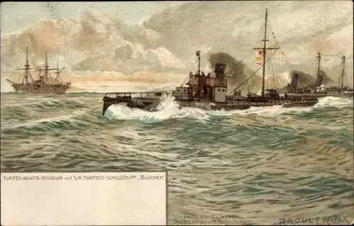 Künstler Litho Frank, Raoul, Torpedoboots Division, SM Torpedo Schulschiff Blücher