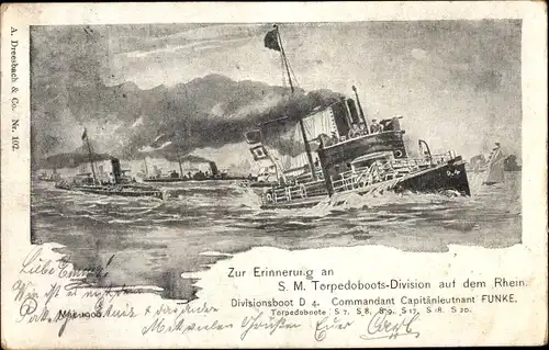 Ak Deutsche Kriegsschiffe auf dem Rhein, SM Torpedoboots Division, Divisionsboot D4, Kaiserl. Marine