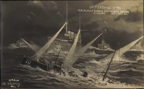 Künstler Ak Deutsches Kriegsschiff, Untergang S 178, Schwerer Seegang 04. März 1913