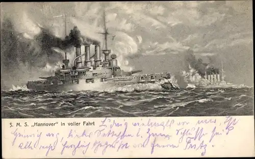Ak Deutsches Kriegsschiff, SMS Hannover in voller Fahrt, Kaiserliche Marine