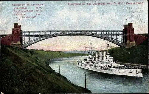 Ak Deutsches Kriegsschiff, SMS Deutschland, Linienschiff, Hochbrücke Levensau
