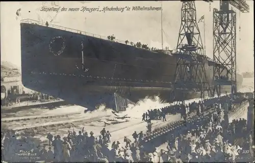 Ak Wilhelmshaven, Stapellauf des Kreuzers SMS Hindenburg, Kaiserliche Marine