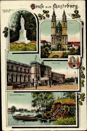 Ak Magdeburg an der Elbe, Dom, Bahnhof, Königin Louise Denkmal, Adolf Mittag See, Wappen