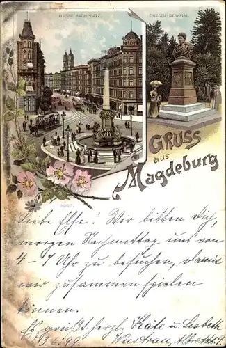 Litho Magdeburg an der Elbe, Hasselbachplatz, Friesen Denkmal