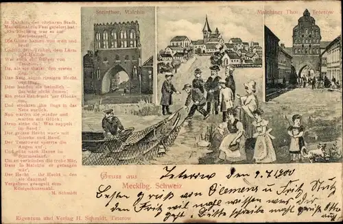 Ak Malchin in Mecklenburg, Steintor, Malchiner Tor, Teterow, Strand, Fischernetz, Gedicht
