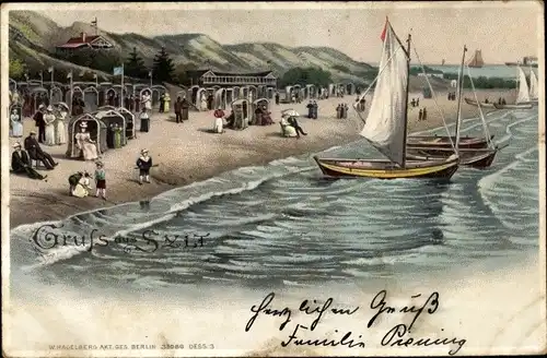 Litho Insel Sylt in Nordfriesland, Blick auf den Strand, Segelboote