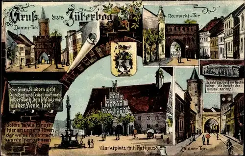 Ak Jüterbog in Brandenburg, Dammtor, Neumarktor, Markt, Rathaus, Zinnaer Tor, Wappen