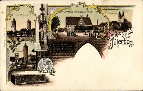 Ak Jüterbog in Brandenburg, Stadttürme, Zinnauer Tor, Tenzelkasten, Rathaus, Nicolaiturm
