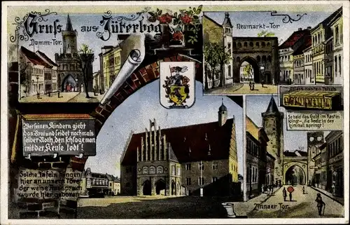 Ak Jüterbog in Brandenburg, Dammtor, Neumarktor, Markt, Rathaus, Zinnaer Tor, Wappen