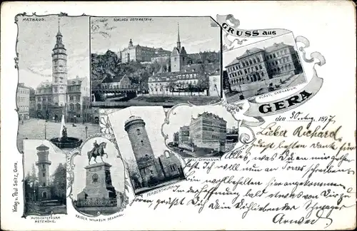 Ak Gera in Thüringen, Rathaus, Schloss Osterstein, Gymnasium, Kaiser Wilhelm Denkmal